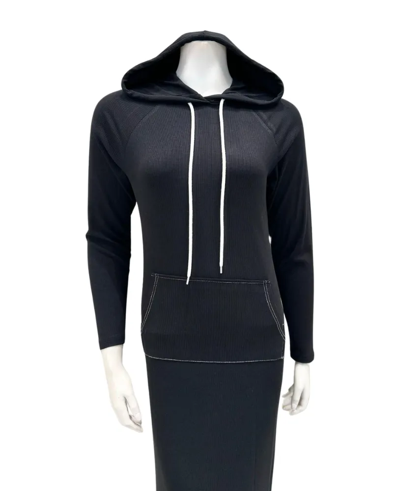 AL761BLK Black Ribbed Modal Pull On Nightgown with Hoodie