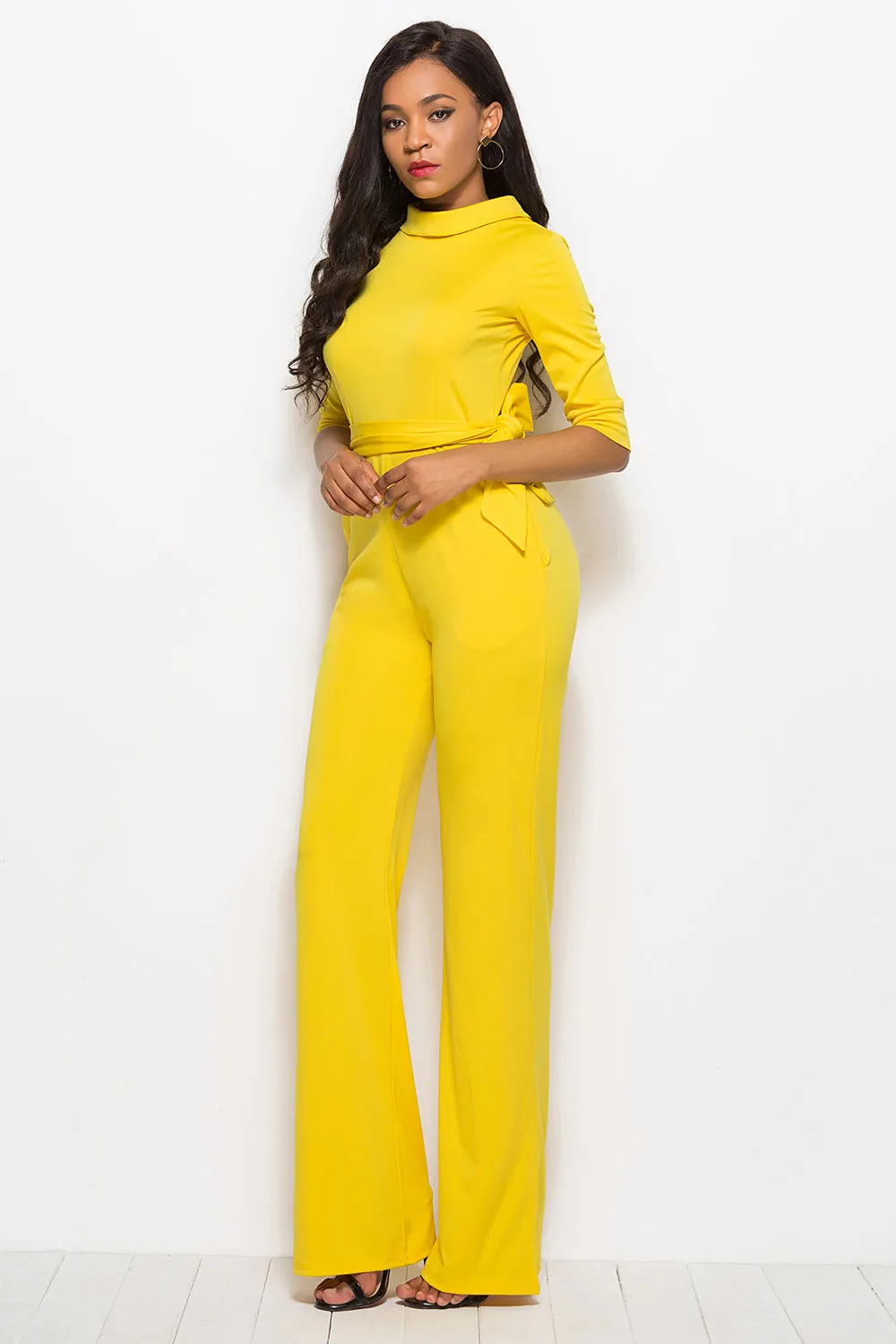 Effortless Elegance: Mock Neck Tie-Waist Half Sleeve Jumpsuit