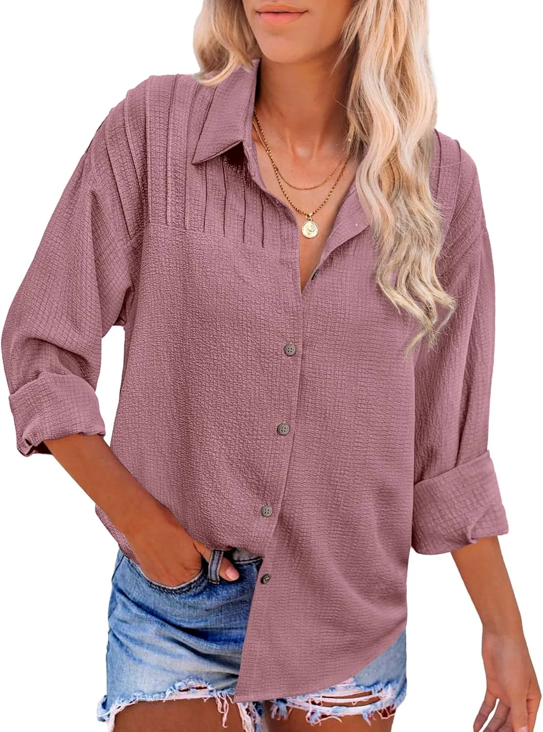 HOTOUCH Womens Long Sleeve Button Down Shirts Oversized Collared Drop Shoulder Work Tops Textured Loose Blouse S-XXXL