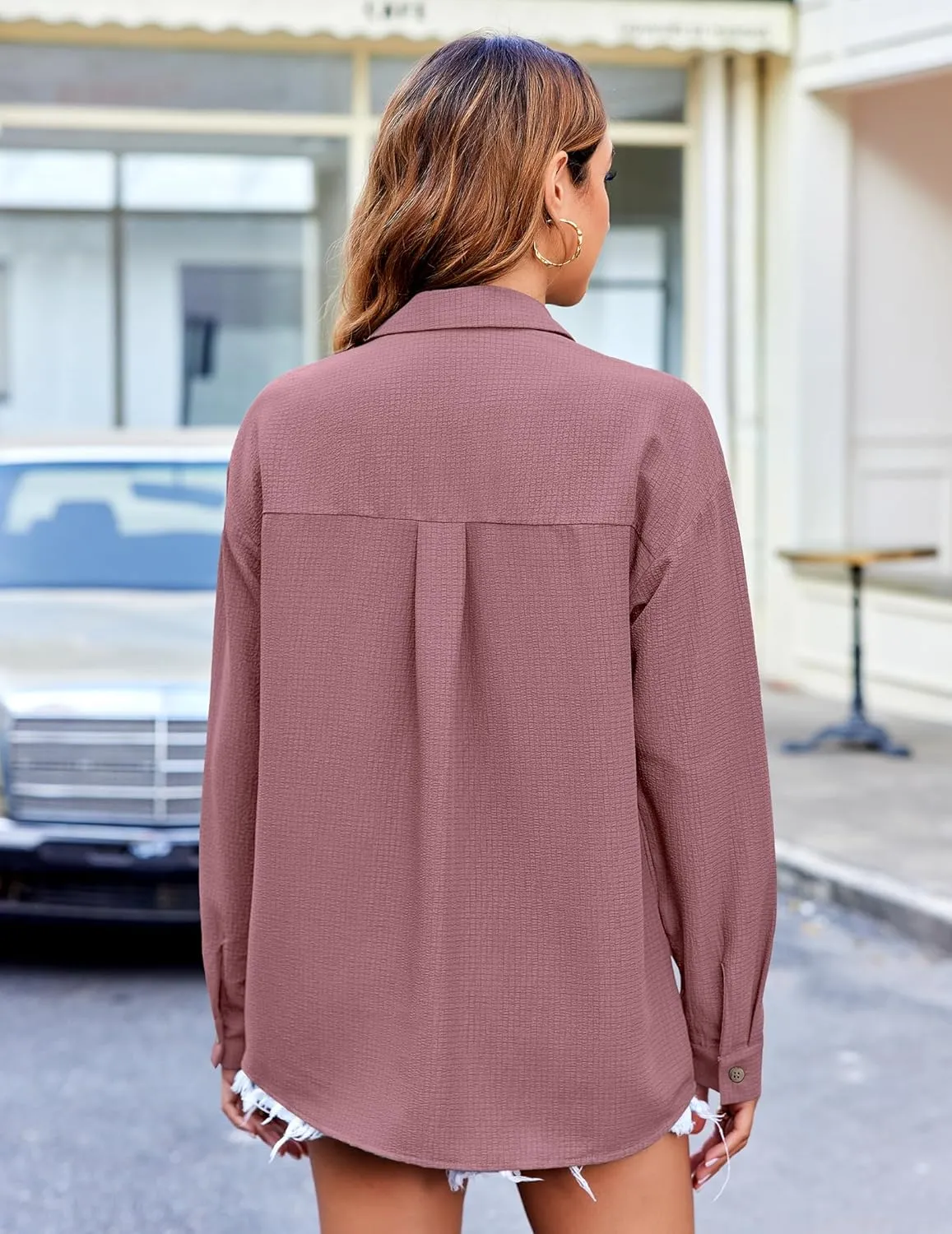 HOTOUCH Womens Long Sleeve Button Down Shirts Oversized Collared Drop Shoulder Work Tops Textured Loose Blouse S-XXXL
