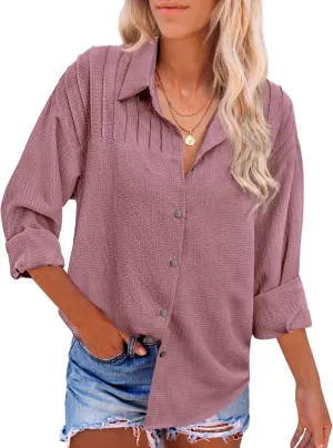 HOTOUCH Womens Long Sleeve Button Down Shirts Oversized Collared Drop Shoulder Work Tops Textured Loose Blouse S-XXXL