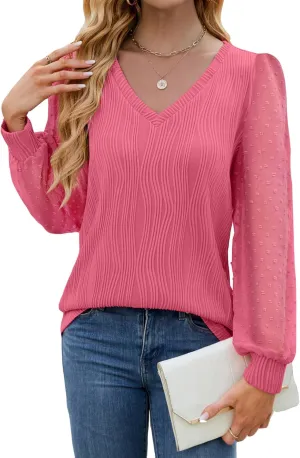 JUSTFASHIONNOW Womens Blouses Dressy Casual Long Sleeve Shirts V Neck Puff Sleeve Business Tops Work Shirts Trendy Holiday