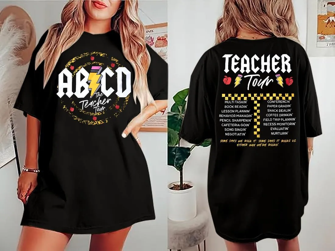 KIDDAD Teacher Shirts ABCD The Teacher Tour Tshirt Oversized Funny Graphic Tee Summer Casual Short Sleeve Tops