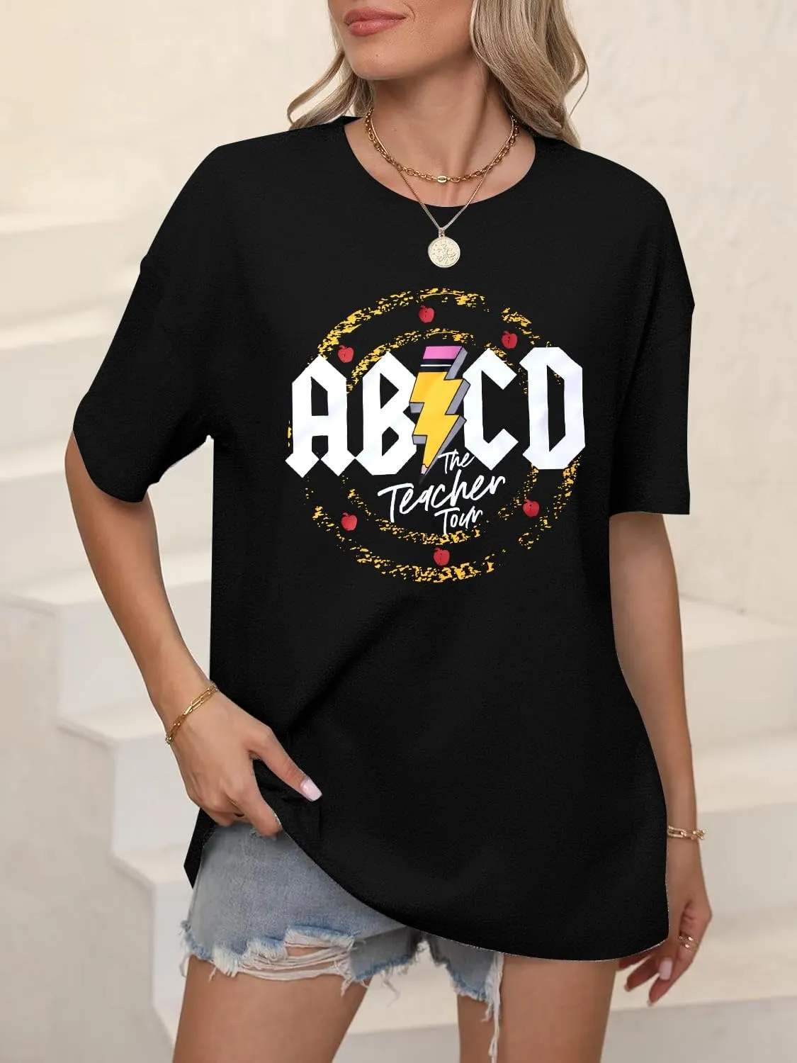KIDDAD Teacher Shirts ABCD The Teacher Tour Tshirt Oversized Funny Graphic Tee Summer Casual Short Sleeve Tops