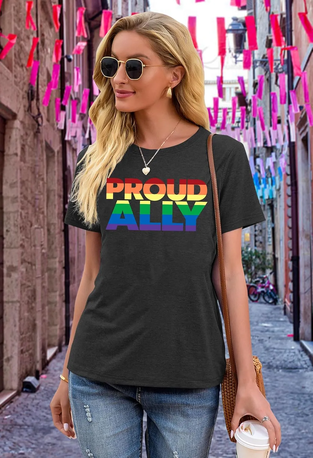 Proud Ally Shirt Women Pride Shirts Rainbow Graphic Tees LGBT Equality Tshirt Casual Holiday Tops