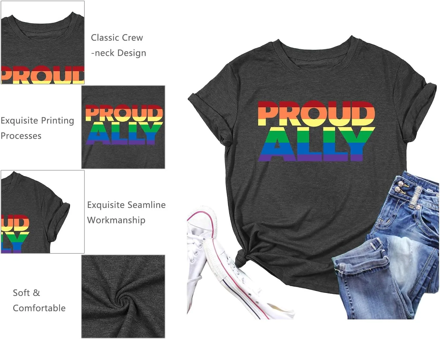 Proud Ally Shirt Women Pride Shirts Rainbow Graphic Tees LGBT Equality Tshirt Casual Holiday Tops