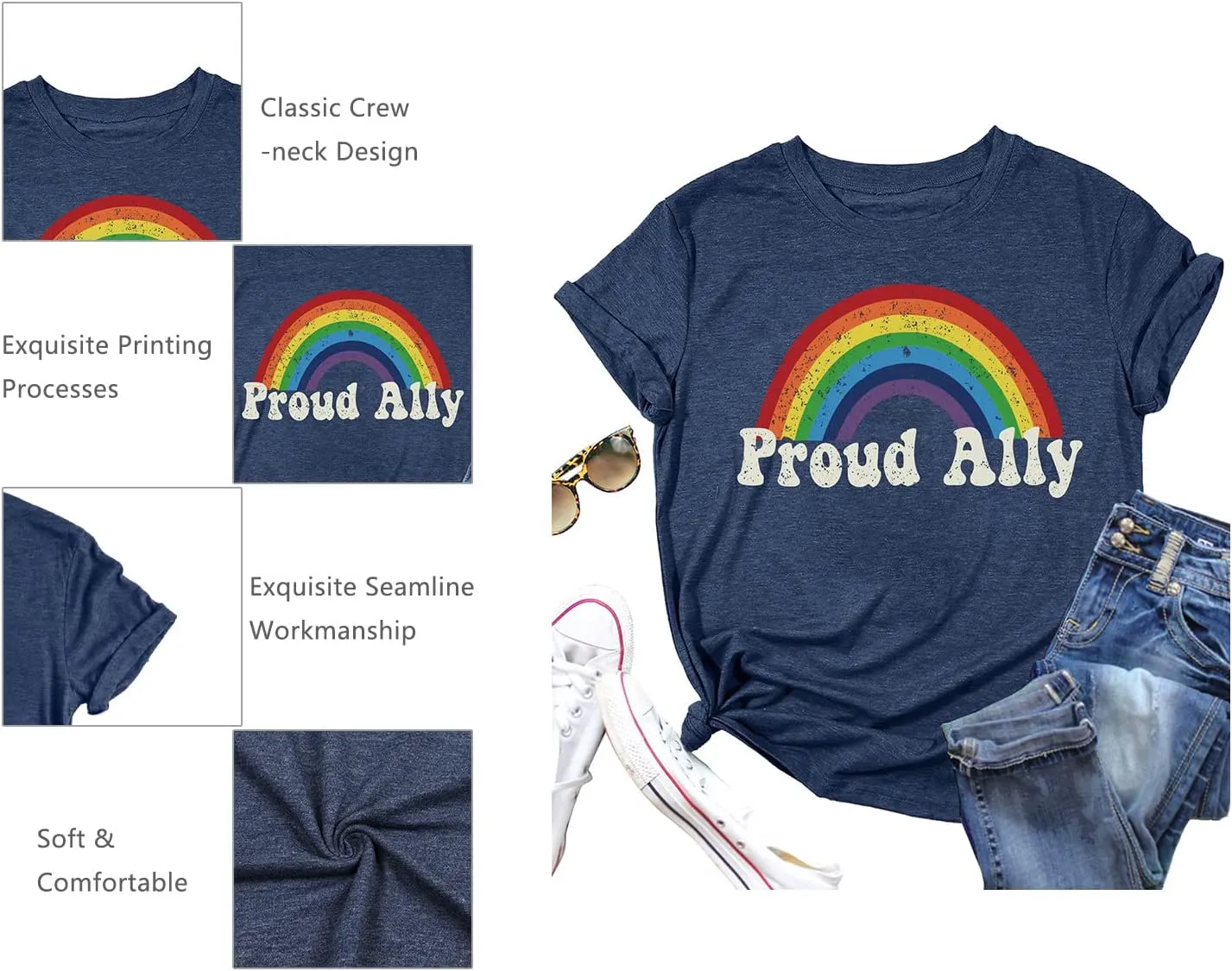 Proud Ally Shirt Women Pride Shirts Rainbow Graphic Tees LGBT Equality Tshirt Casual Holiday Tops