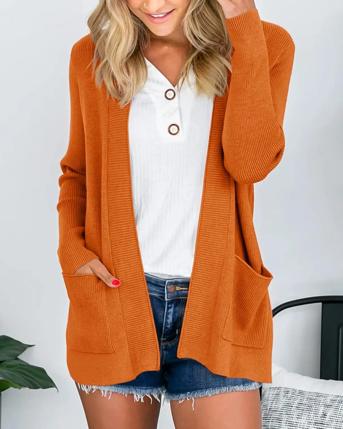 Saodimallsu Women's Open Front Cardigan Sweater Chunky Soft Knit Casual Long Sleeve Sweaters Solid Loose with Pocket