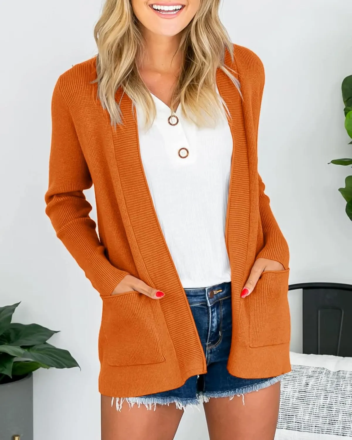 Saodimallsu Women's Open Front Cardigan Sweater Chunky Soft Knit Casual Long Sleeve Sweaters Solid Loose with Pocket