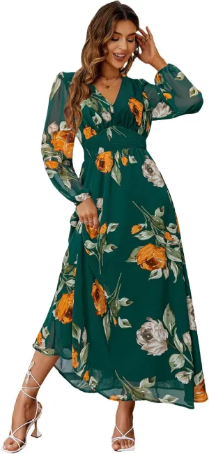 Simplee Women's Boho Floral Maxi Dress Flowy Casual V Neck Short Sleeve Wedding Guest Holiday Beach Long Dress