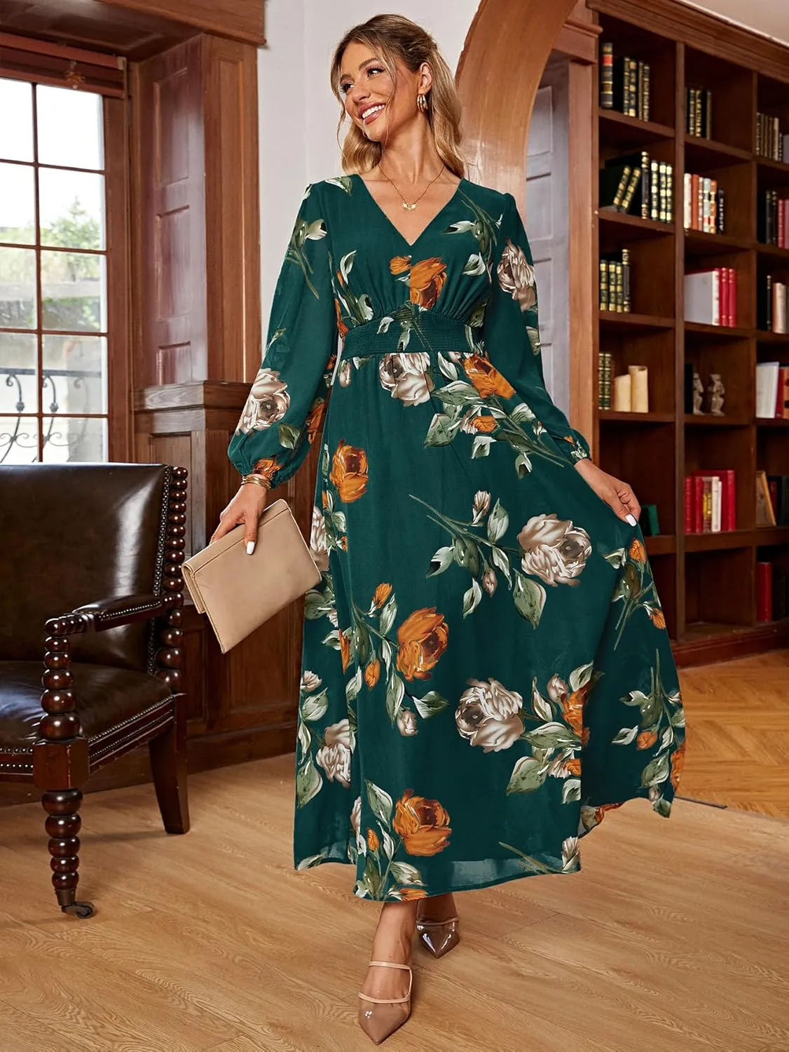 Simplee Women's Boho Floral Maxi Dress Flowy Casual V Neck Short Sleeve Wedding Guest Holiday Beach Long Dress