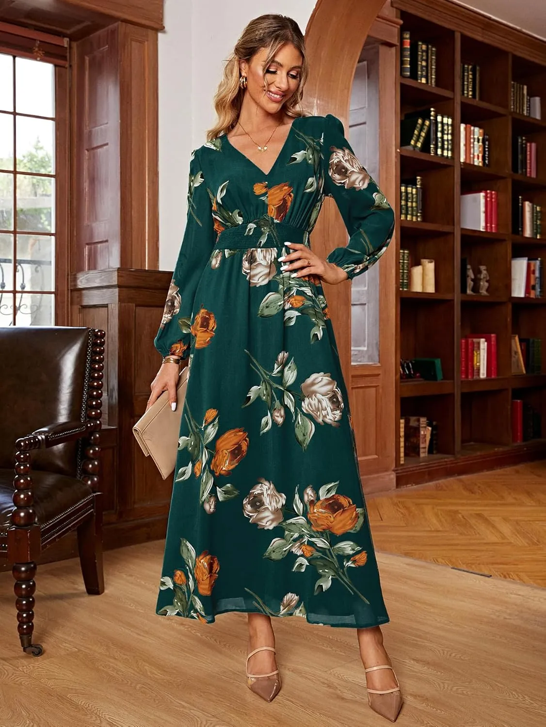 Simplee Women's Boho Floral Maxi Dress Flowy Casual V Neck Short Sleeve Wedding Guest Holiday Beach Long Dress