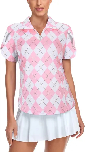 Tanst Sky Womens Golf Shirts Zip Up Overlap Short Sleeve Workout Tops Quick Dry Tennis Shirt