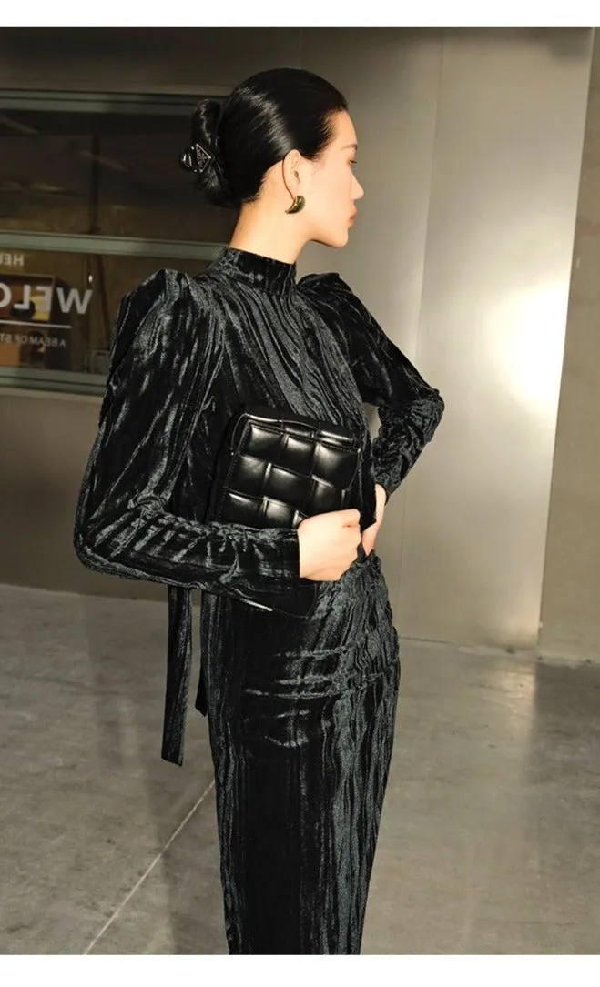 Vintage Retro highend half Turtleneck Side Slit Velvet dress - Kibeds Earl Black
