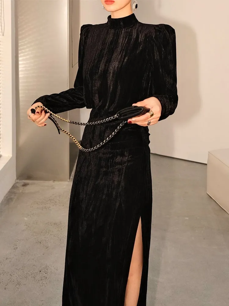 Vintage Retro highend half Turtleneck Side Slit Velvet dress - Kibeds Earl Black