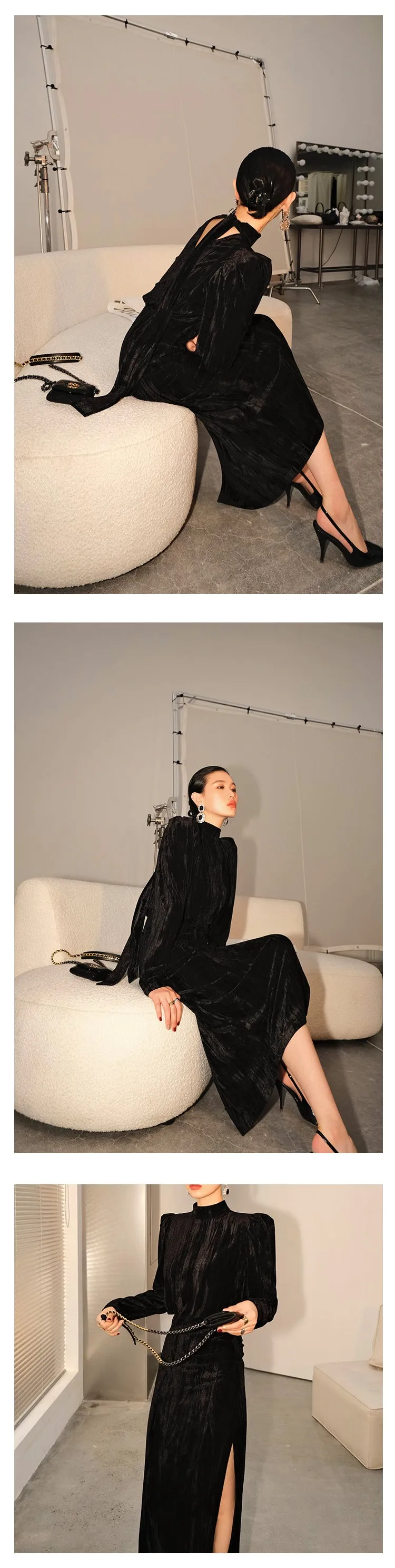 Vintage Retro highend half Turtleneck Side Slit Velvet dress - Kibeds Earl Black