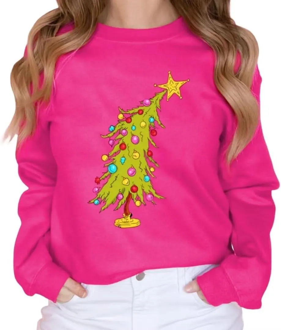 VKEGNIO Christmas Sweatshirts for Women Retro Lights Christmas Tree Graphic Long Sleeve Shirt Xmas Holiday Party Pullover Top