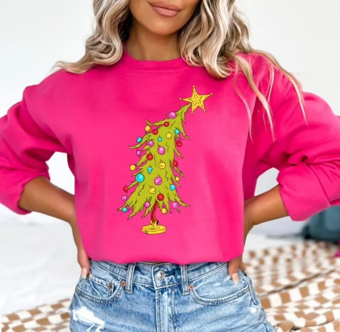 VKEGNIO Christmas Sweatshirts for Women Retro Lights Christmas Tree Graphic Long Sleeve Shirt Xmas Holiday Party Pullover Top