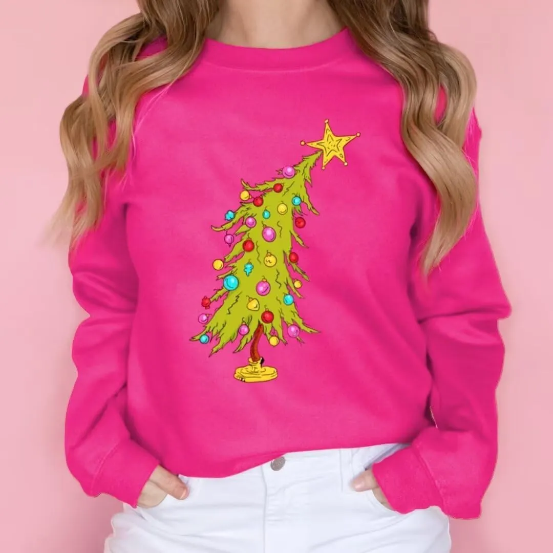 VKEGNIO Christmas Sweatshirts for Women Retro Lights Christmas Tree Graphic Long Sleeve Shirt Xmas Holiday Party Pullover Top