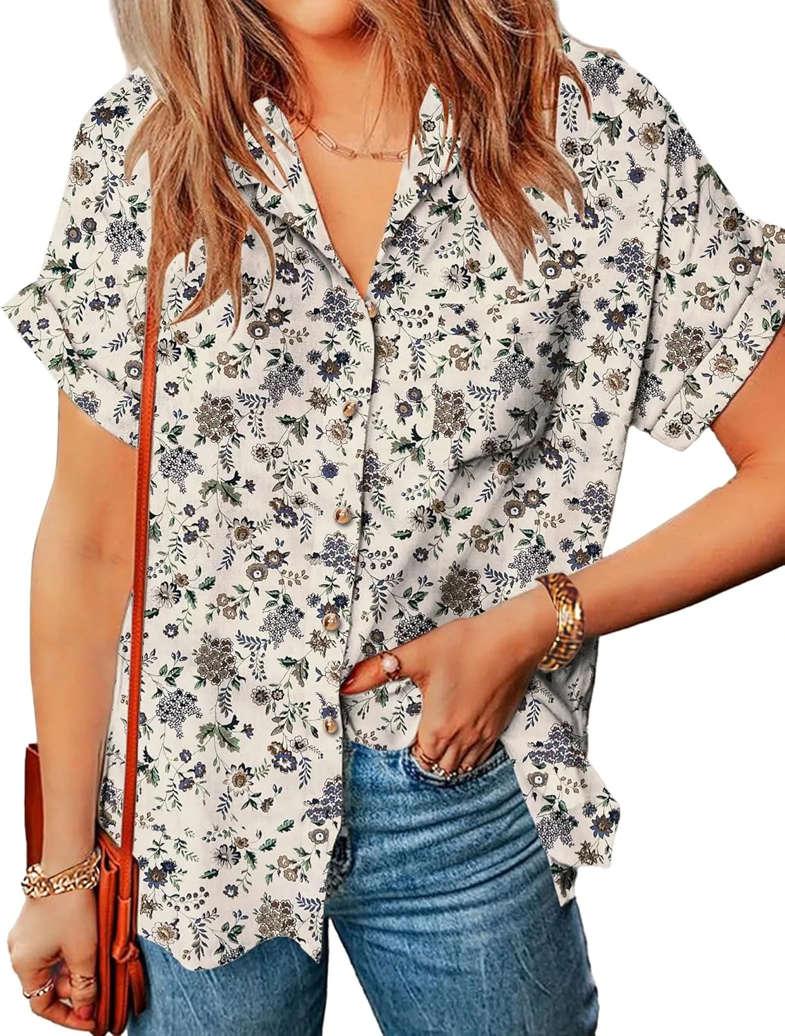 Zeagoo Linen Shirts for Women Cotton Short Sleeve V Neck Collared Button Down Blouses Tops S-3XL